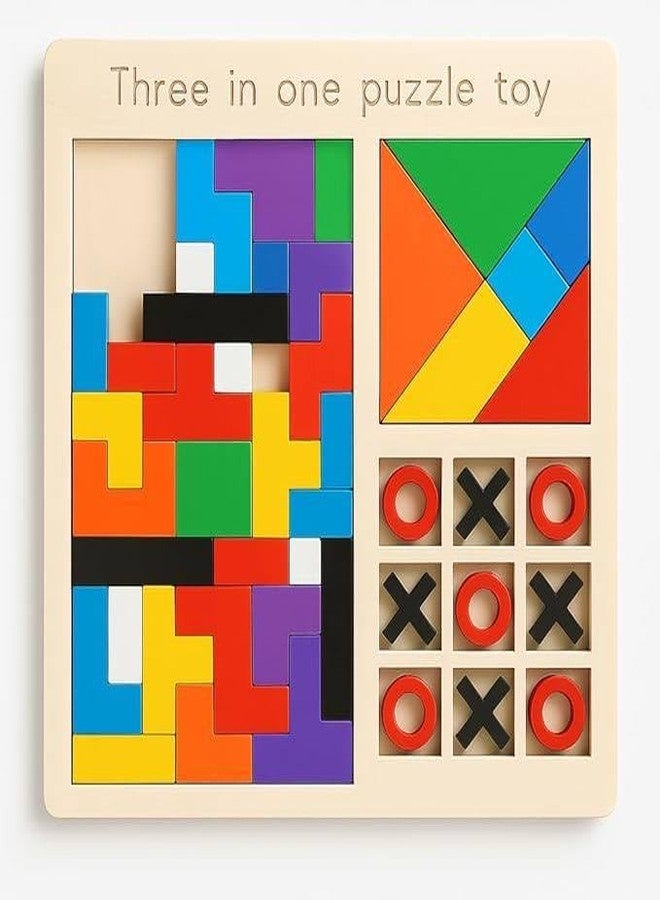Avenn 3 in 1 Wooden Puzzle Toy, Tetris Blocks Tangram Shapes Tic-Tac-Toe, Educational Montessori Toy, Ages 3+, 22.5cm - Image 1